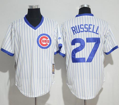 Cubs #27 Addison Russell White Strip Home Cooperstown Stitched MLB Jersey - Click Image to Close